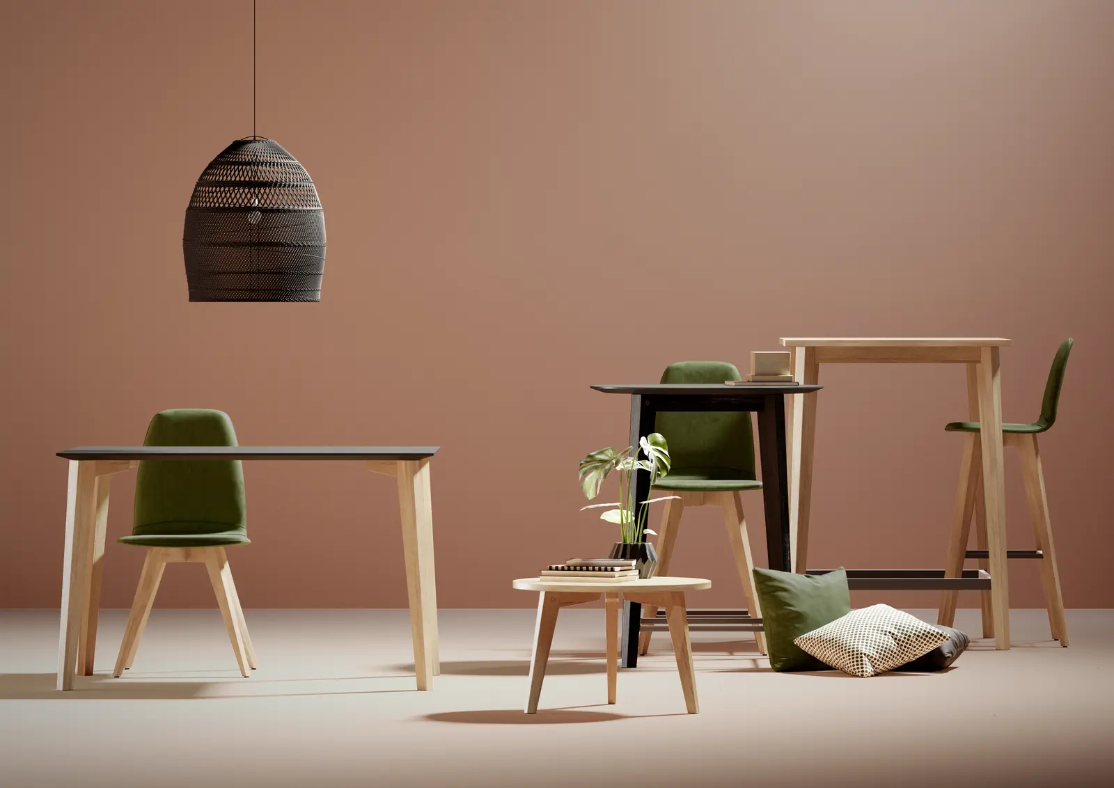 Tables hautes et chaises vertes en bois, ambiance de projet professionnel.