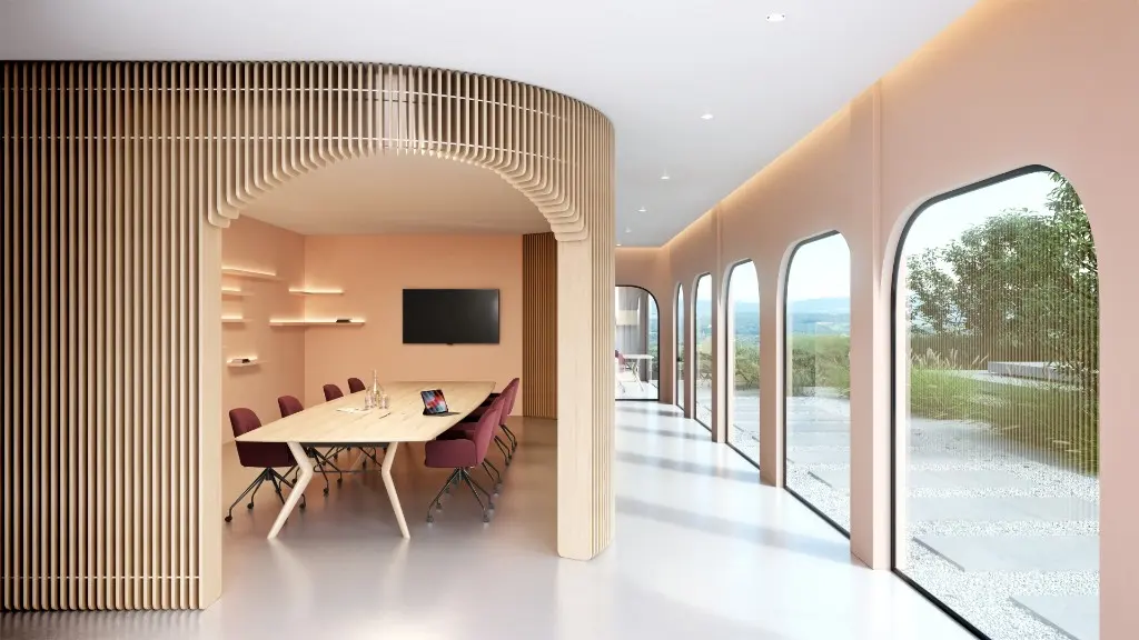Salle de réunion, table en bois clair et sièges textiles, cloison en lames de bois.